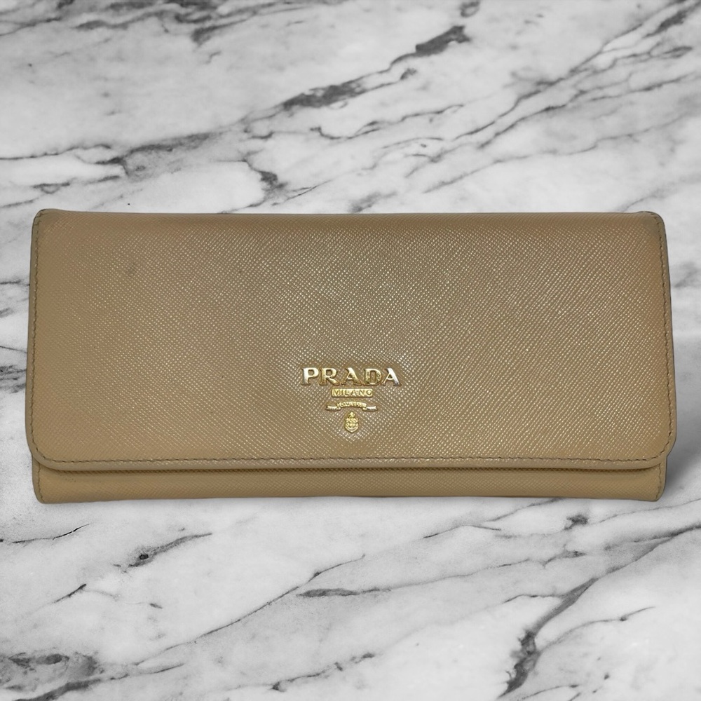 PRADA Vintage Saffiano Leather Neutral Taupe Large Wallet EUC